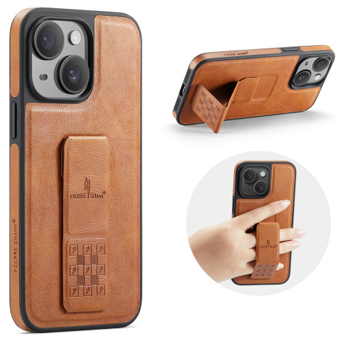 iPhone 13 Fierre Shann Oil Wax Cow Leather Holder Back Phone Case - Brown